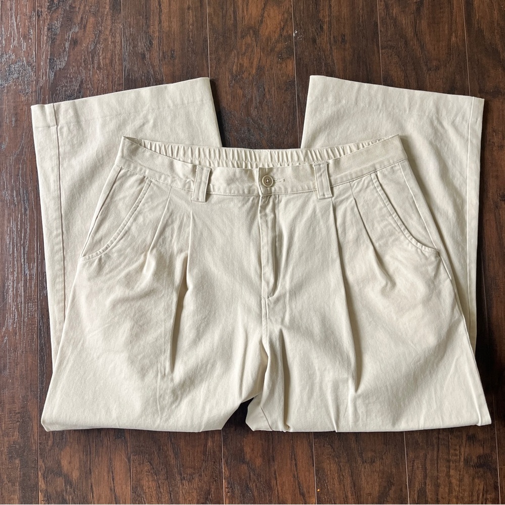 Muji Cream Chino Pleated Wide Leg Trousers Large